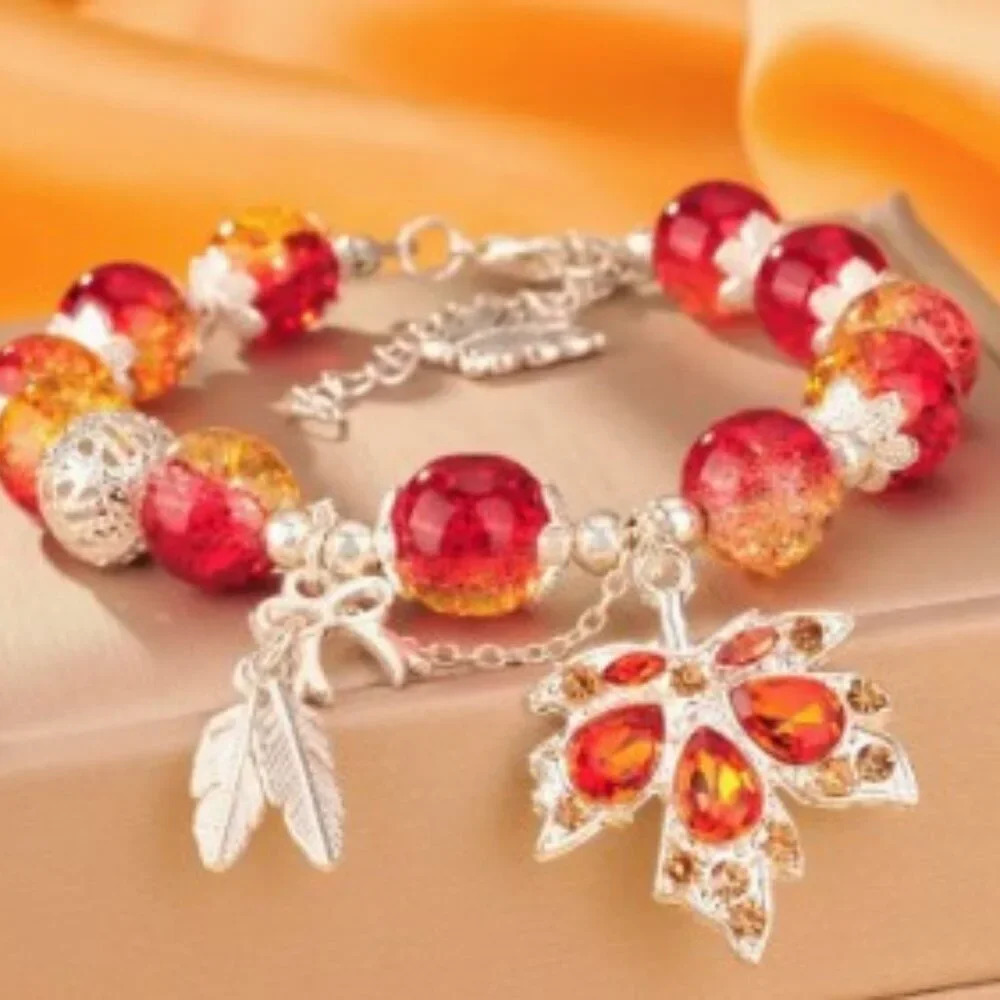 Maple Leaf Charm Beaded Bracelet Vibrant Red & Yellow Gradient Glass Beads
